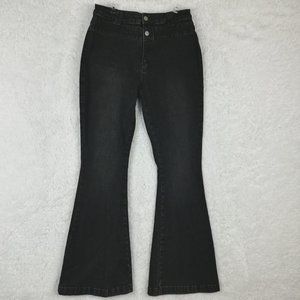 Pantete Womens Jeans Flare Wide Leg Denim Black Wash High Rise Double‎ Button L